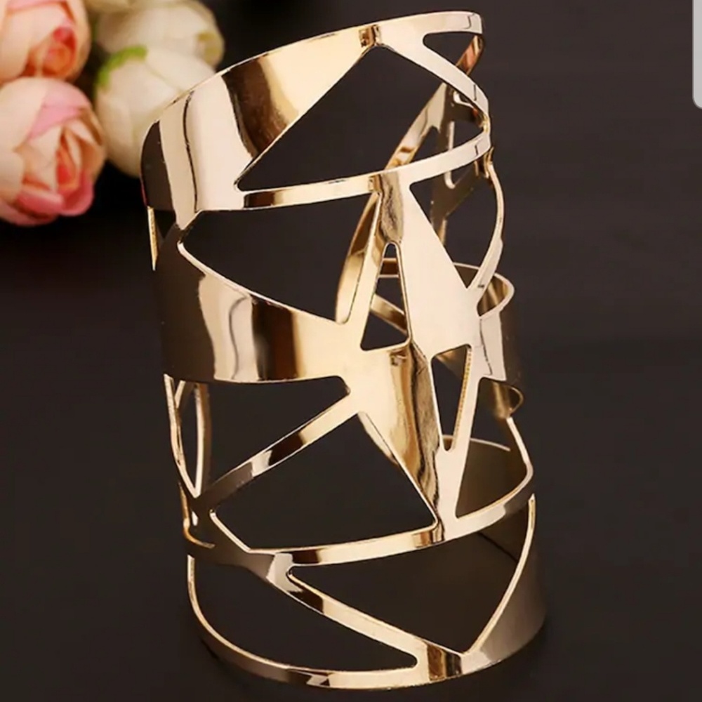 Geometric Cuffed Gold Bangle - Picture 2 of 4
